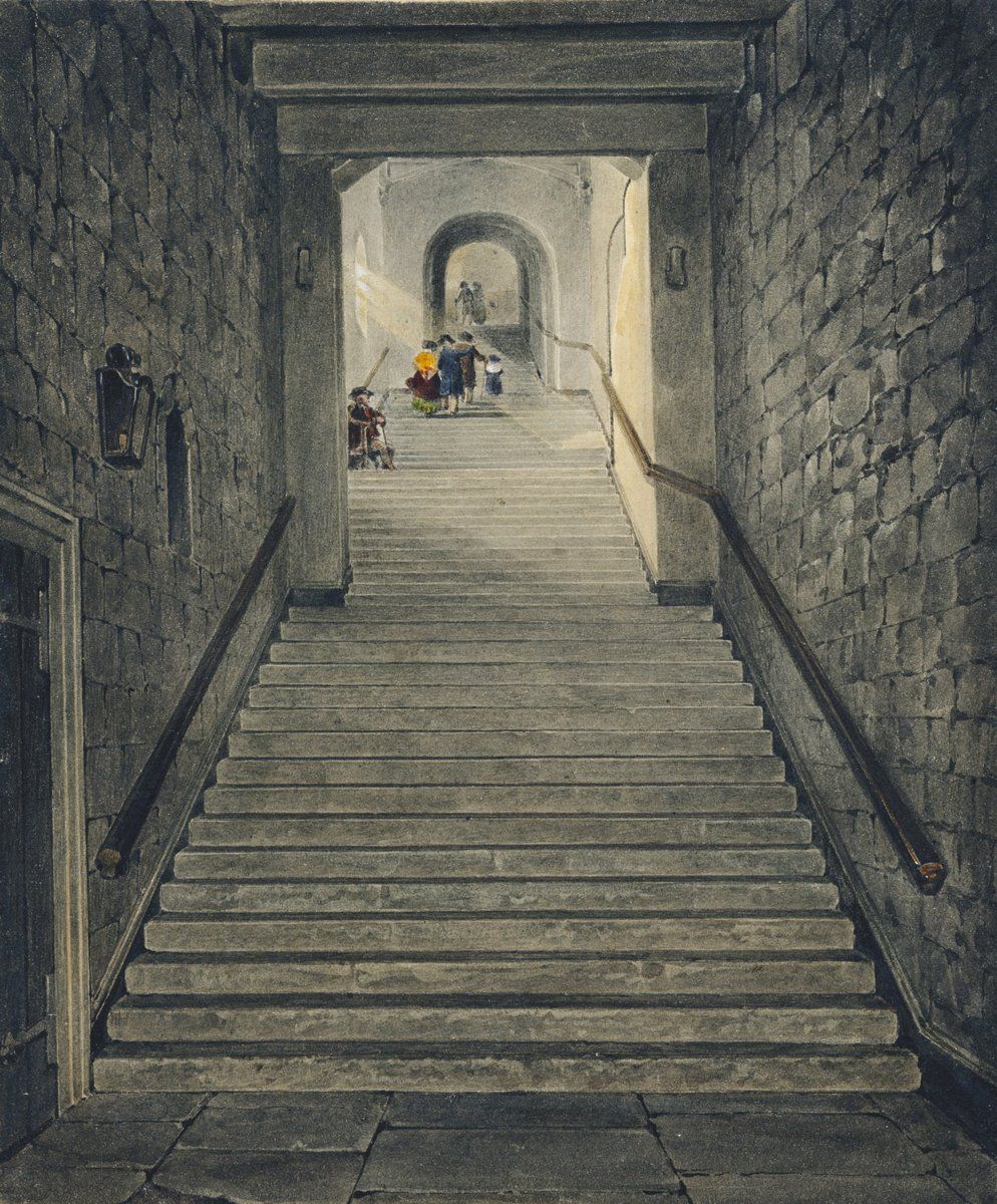 Aquarelle de James Stephanoff datée de 1818 représentant l'escalier de la tour ronde du château de Windsor