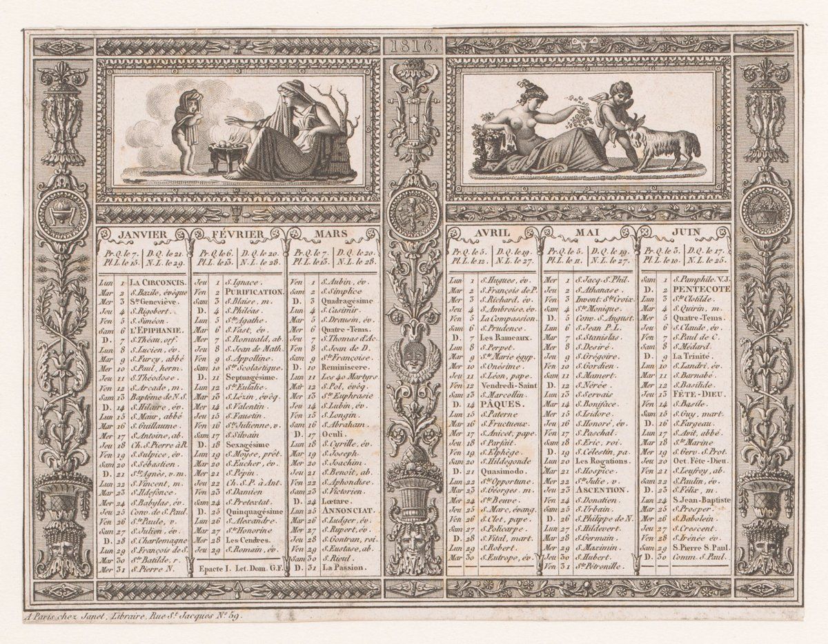 Calendrier gravé ancien de janvier à juin, avec des colonnes de jours et des vignettes décoratives