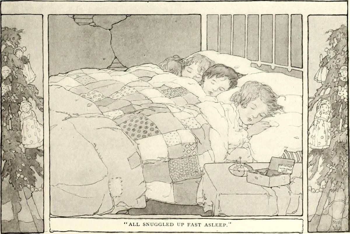 Illustration de magazine de 1915 montrant des enfants endormis sous un grand édredon en patchwork
